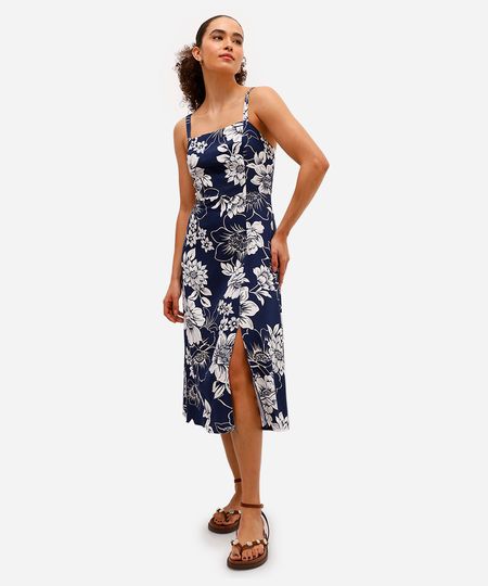 vestido midi feminino de viscose com fenda floral azul P vestido midi feminino de viscose com fenda floral azul P