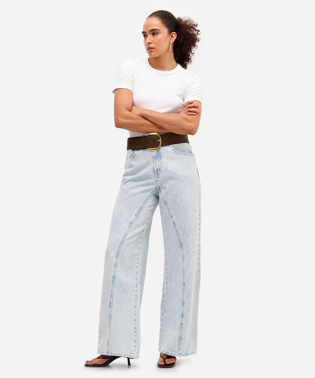 calça wide leg feminina jeans com recortes azul 44 calça wide leg feminina jeans com recortes azul 44