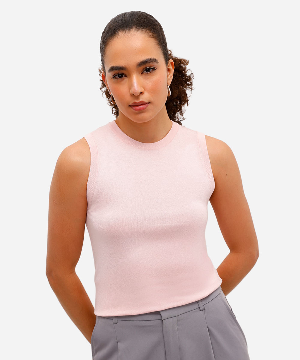 regata feminina de tricot decote redondo rosa