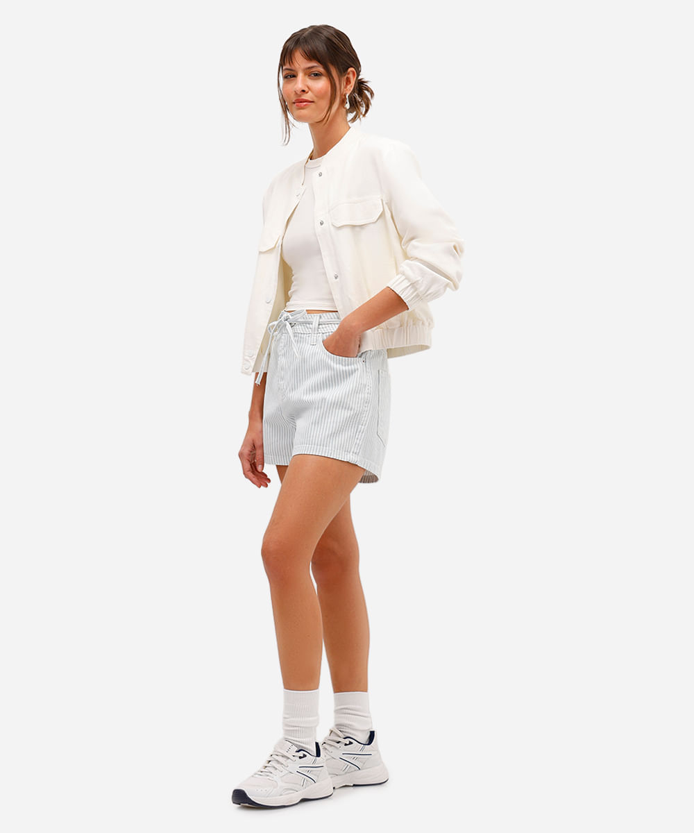 short mom feminino de sarja com cordão listrado azul