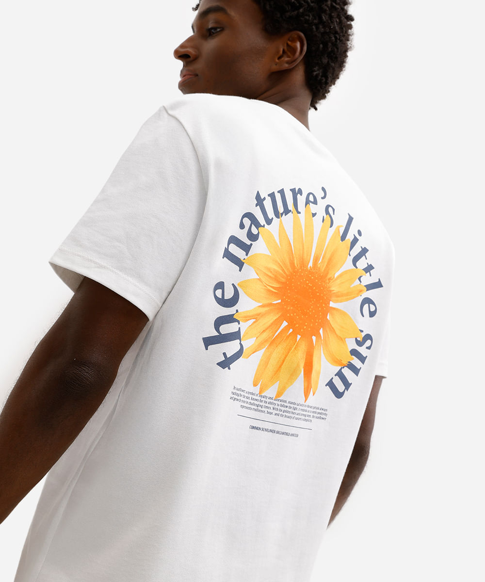 camiseta masculina de algodão manga curta floral off white