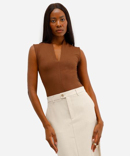 regata feminina com viscose decote v marrom PP