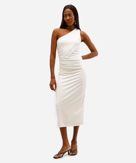 vestido ombro único feminino franzido off white GG vestido ombro único feminino franzido off white GG