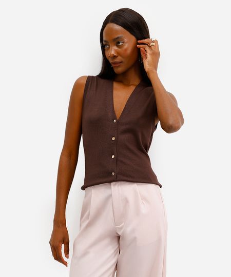 colete feminino de tricot com fendas marrom P
