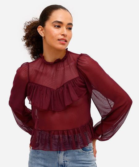 bata feminina de tule manga bufante com babados vinho M