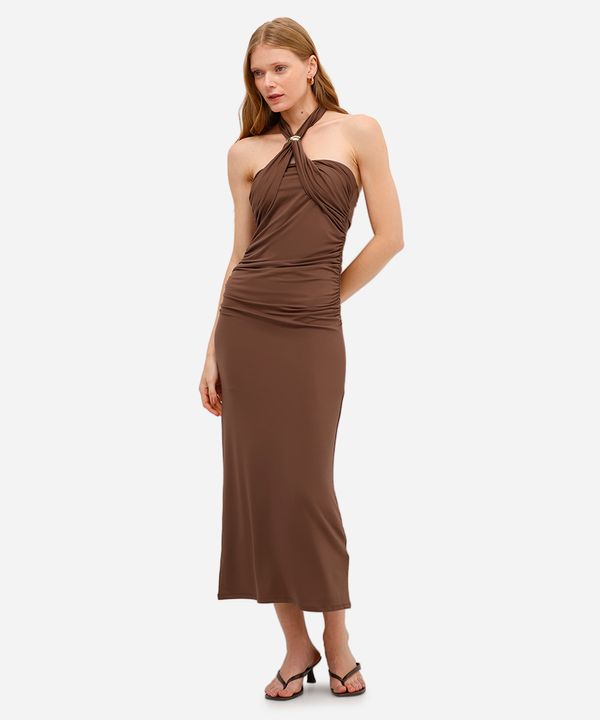vestido midi feminino frente única franzido marrom GG