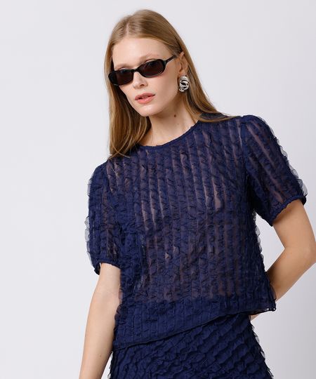 blusa feminina manga bufante com babados mindset azul M blusa feminina manga bufante com babados mindset azul M