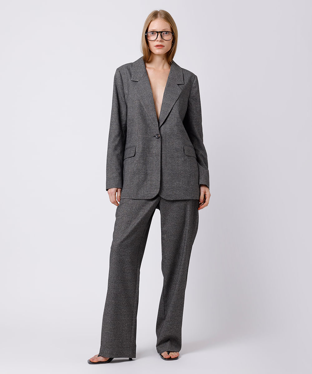calça reta feminina de alfaiataria xadrez mindset cinza