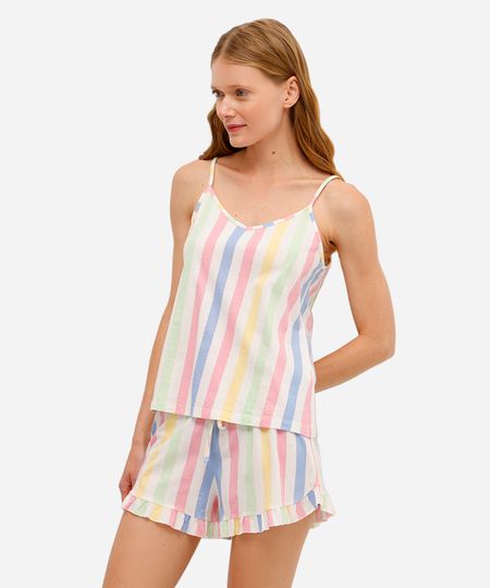 pijama short doll feminino listrado off white G