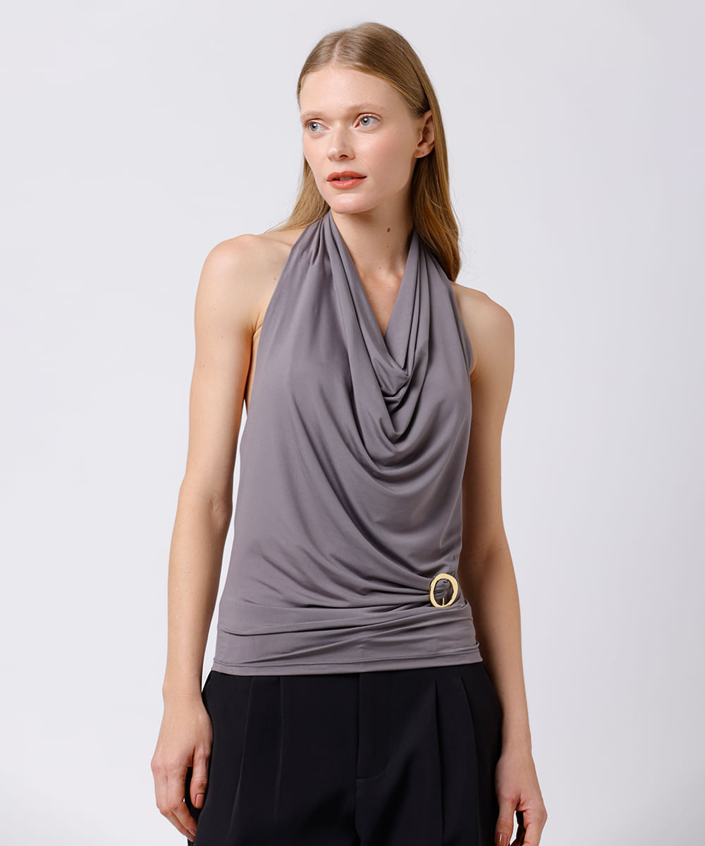 blusa frente única feminina franzida mindset cinza