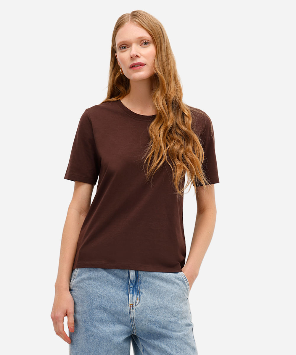 blusa básica feminina de algodão manga curta marrom