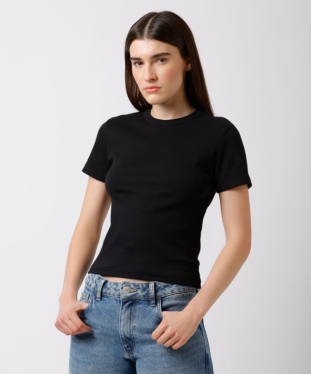 camiseta baby tee feminina de algodão peruano canelada mindset preta