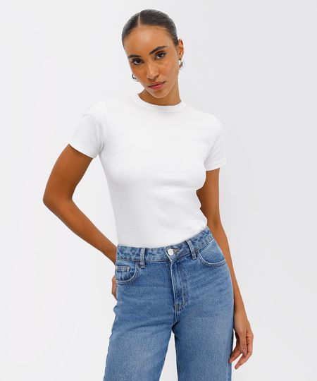 camiseta baby tee feminina de algodão peruano canelada mindset branca GG