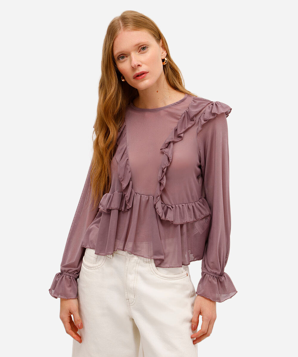 bata feminina de tule com babados roxa