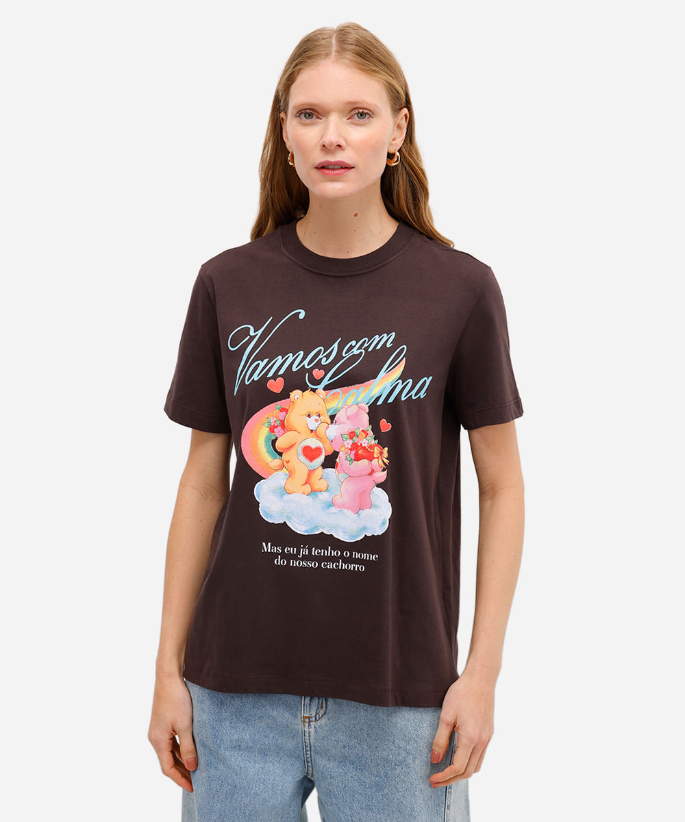 camiseta feminina de algodão ursinhos carinhosos marrom