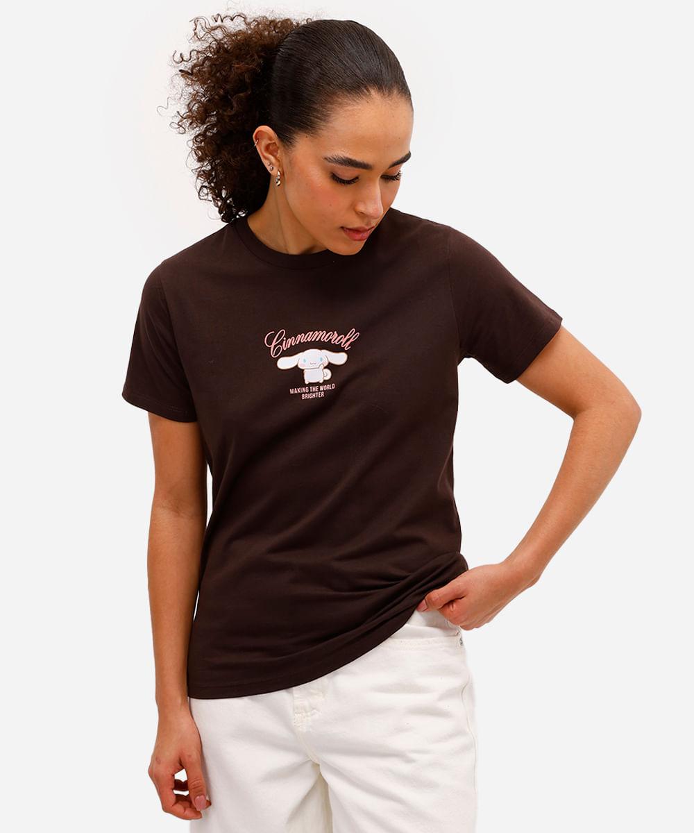 camiseta feminina de algodão cinnamoroll hello kitty marrom
