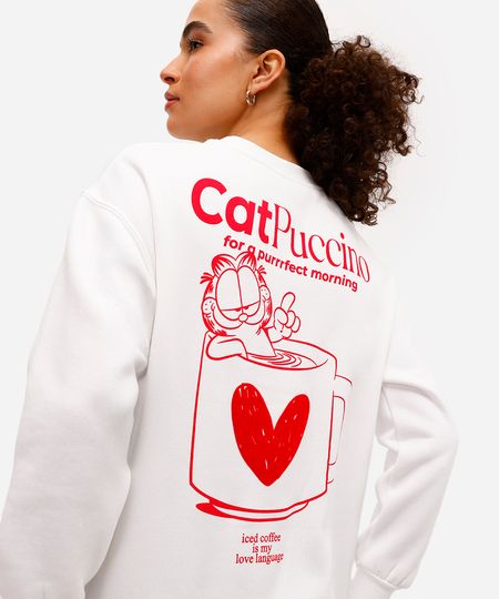blusão feminino de moletom felpado garfield texturizado off white P blusão feminino de moletom felpado garfield texturizado off white P