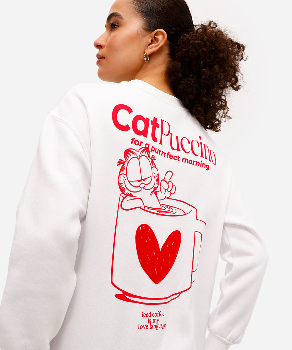 blusão feminino de moletom felpado garfield texturizado off white