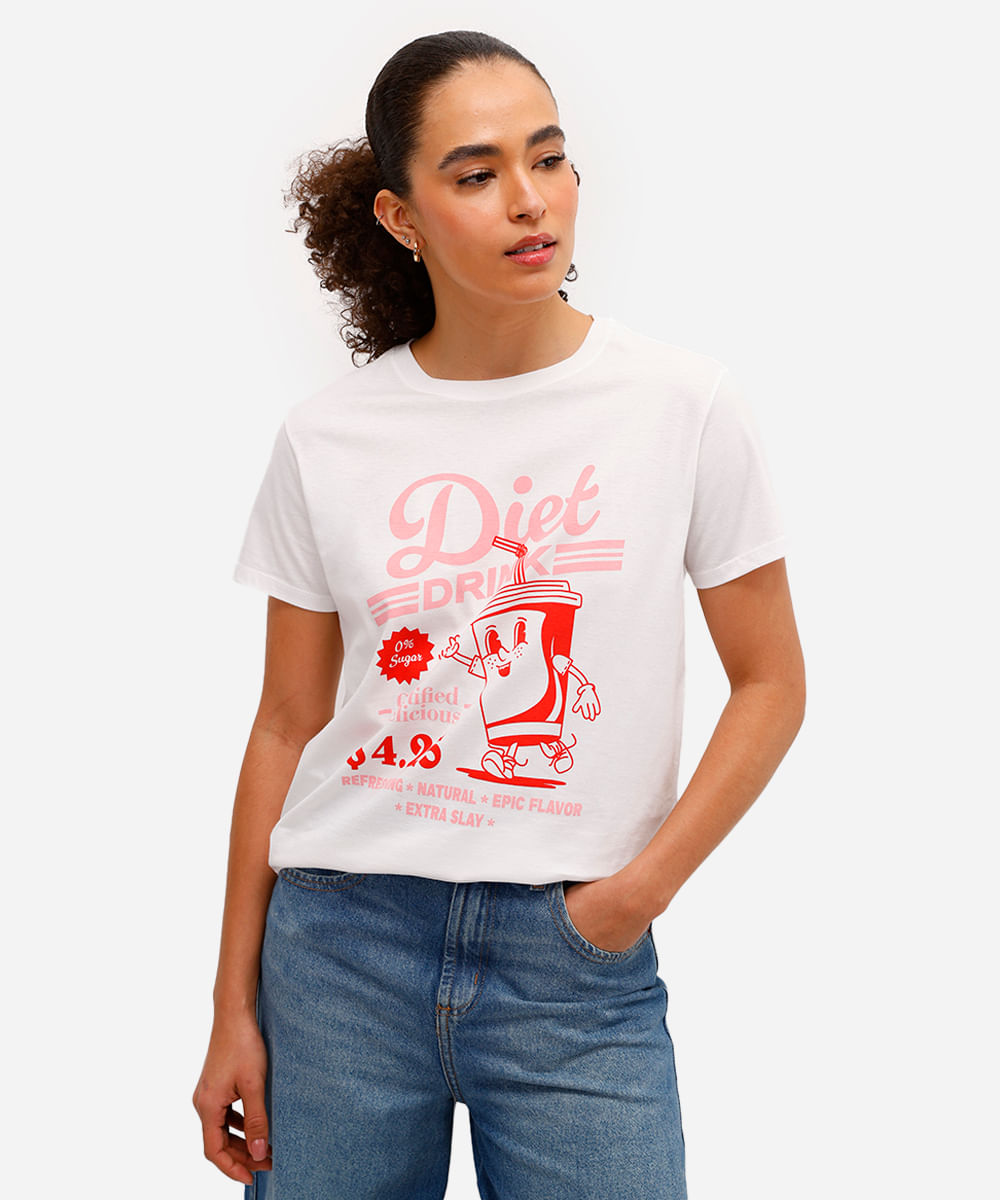 camiseta feminina de algodão estampada - off white