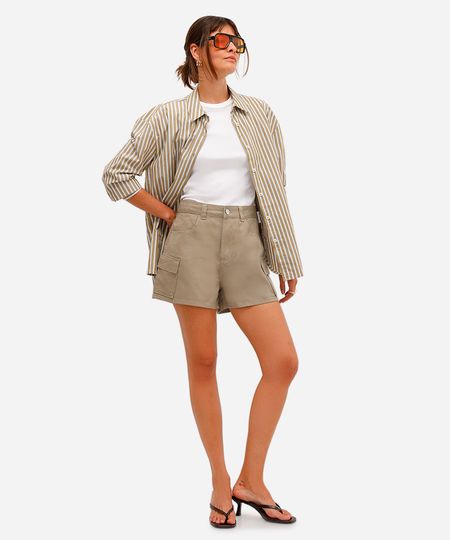short cargo feminino de sarja cintura alta bege 34 short cargo feminino de sarja cintura alta bege 34