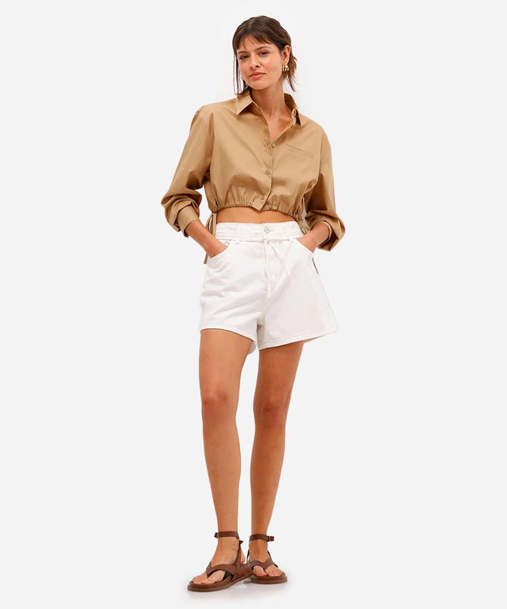 short mom feminino de sarja com cordão off white