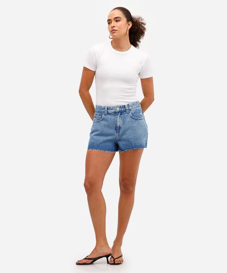 short feminino jeans cintura média barra a fio azul 44