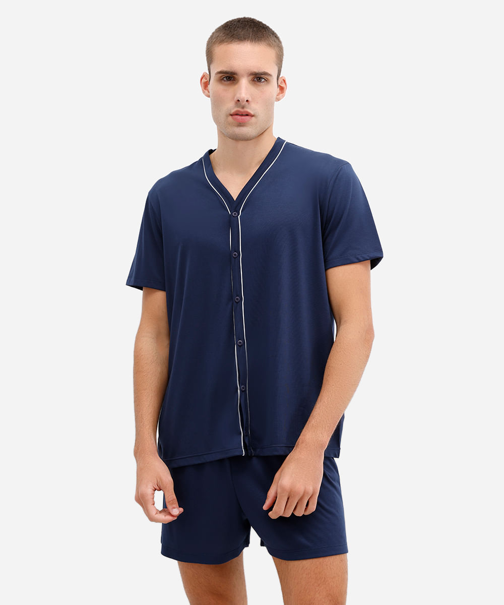 pijama curto masculino com nervuras azul