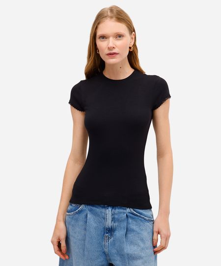 blusa feminina de viscose canelada com renda preta P