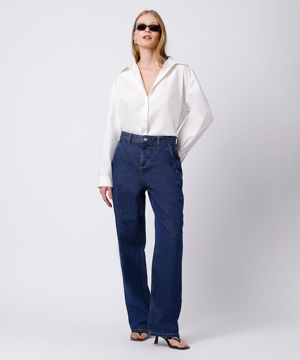 calça wide leg feminina jeans cintura alta mindset azul