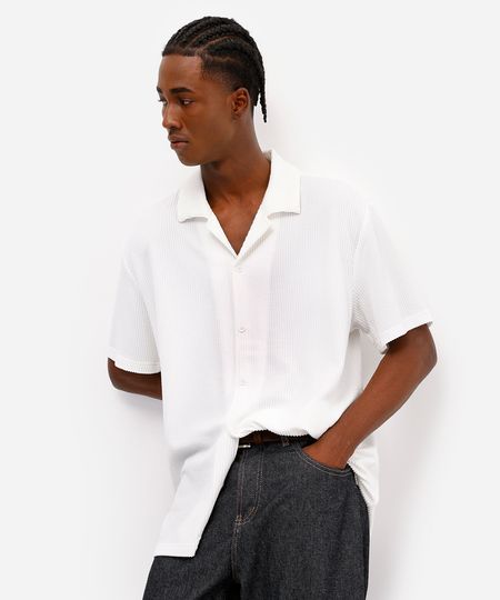 camisa manga curta texturizada e listrada - branco P camisa manga curta texturizada e listrada - branco P