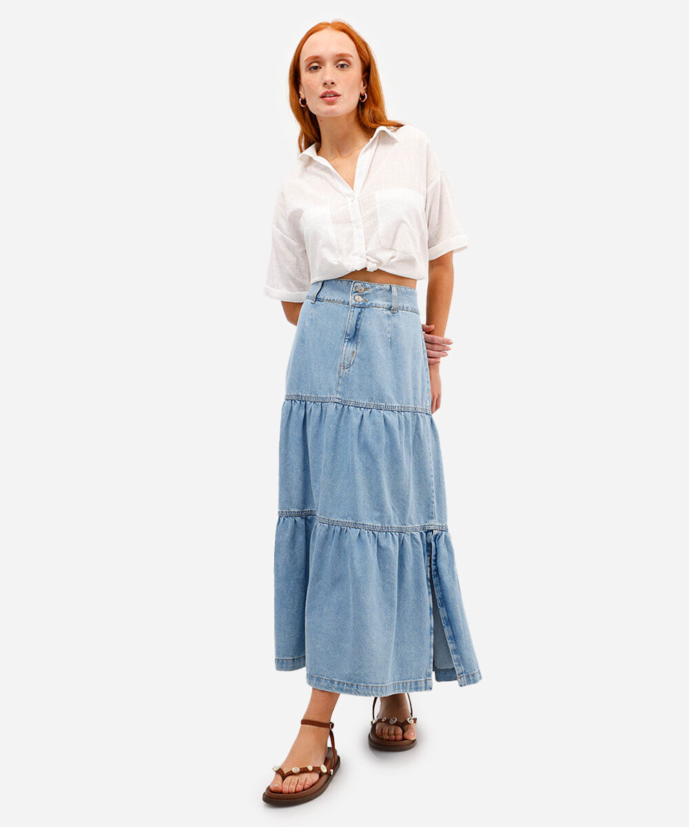 saia midi feminina jeans com recortes - jeans claro