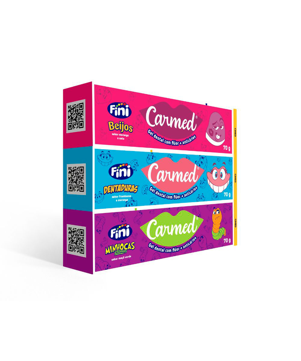 kit infantil de pasta de dente carmed com flúor fini 3 bisnagas 70g