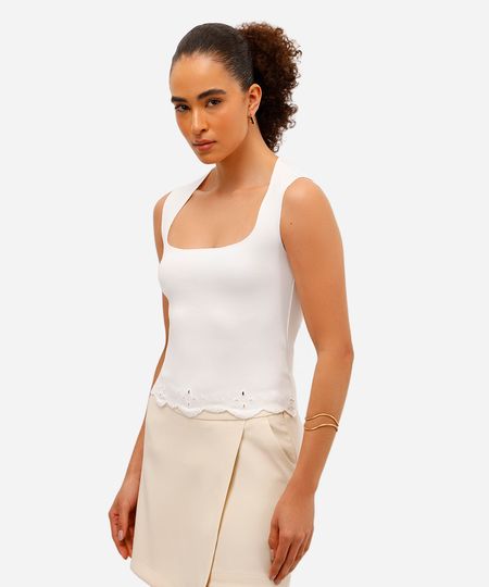 regata feminina decote quadrado com bordado off white M regata feminina decote quadrado com bordado off white M