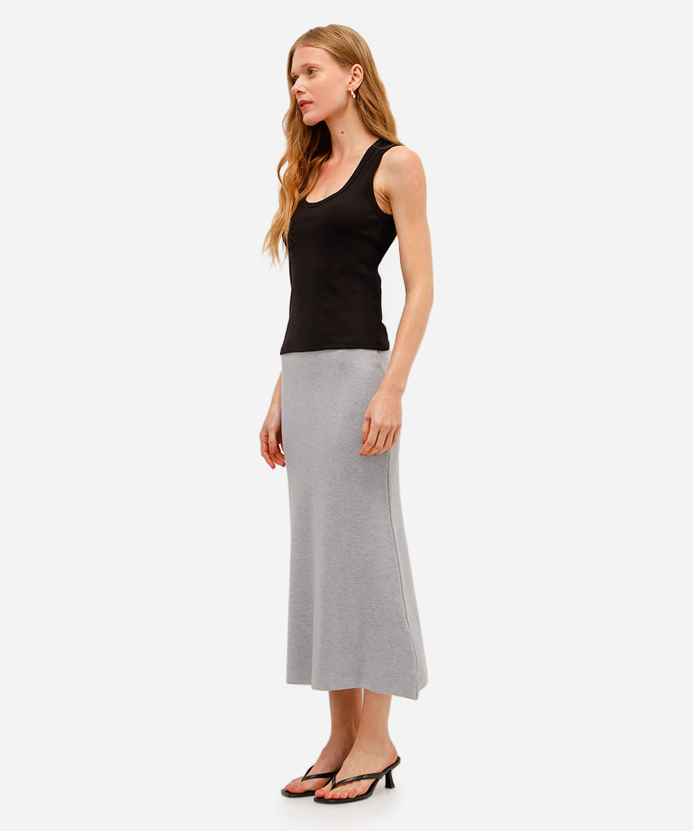 saia longa feminina de tricot canelada cinza