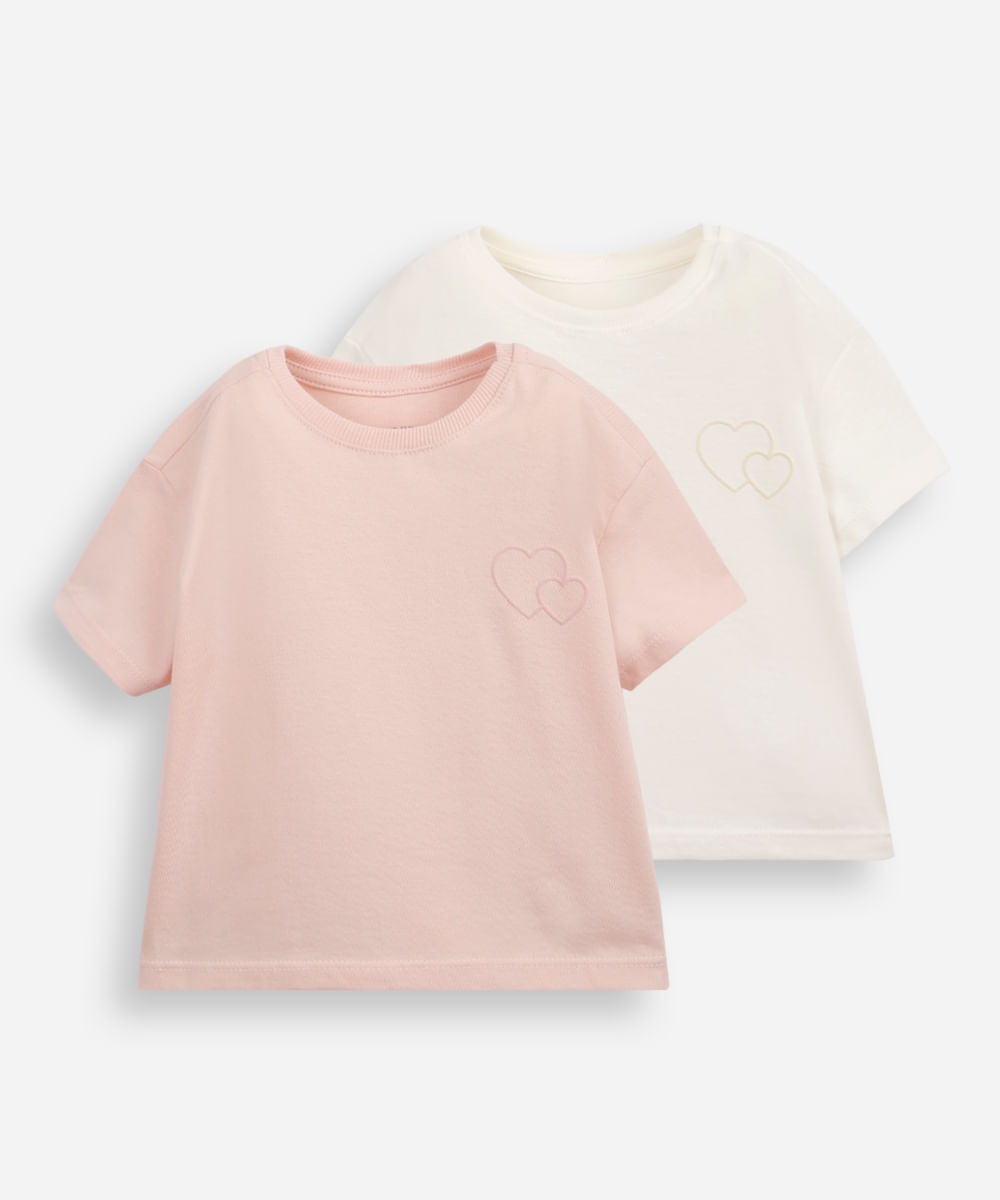 kit de 2 camisetas infantis manga curta coração colorida