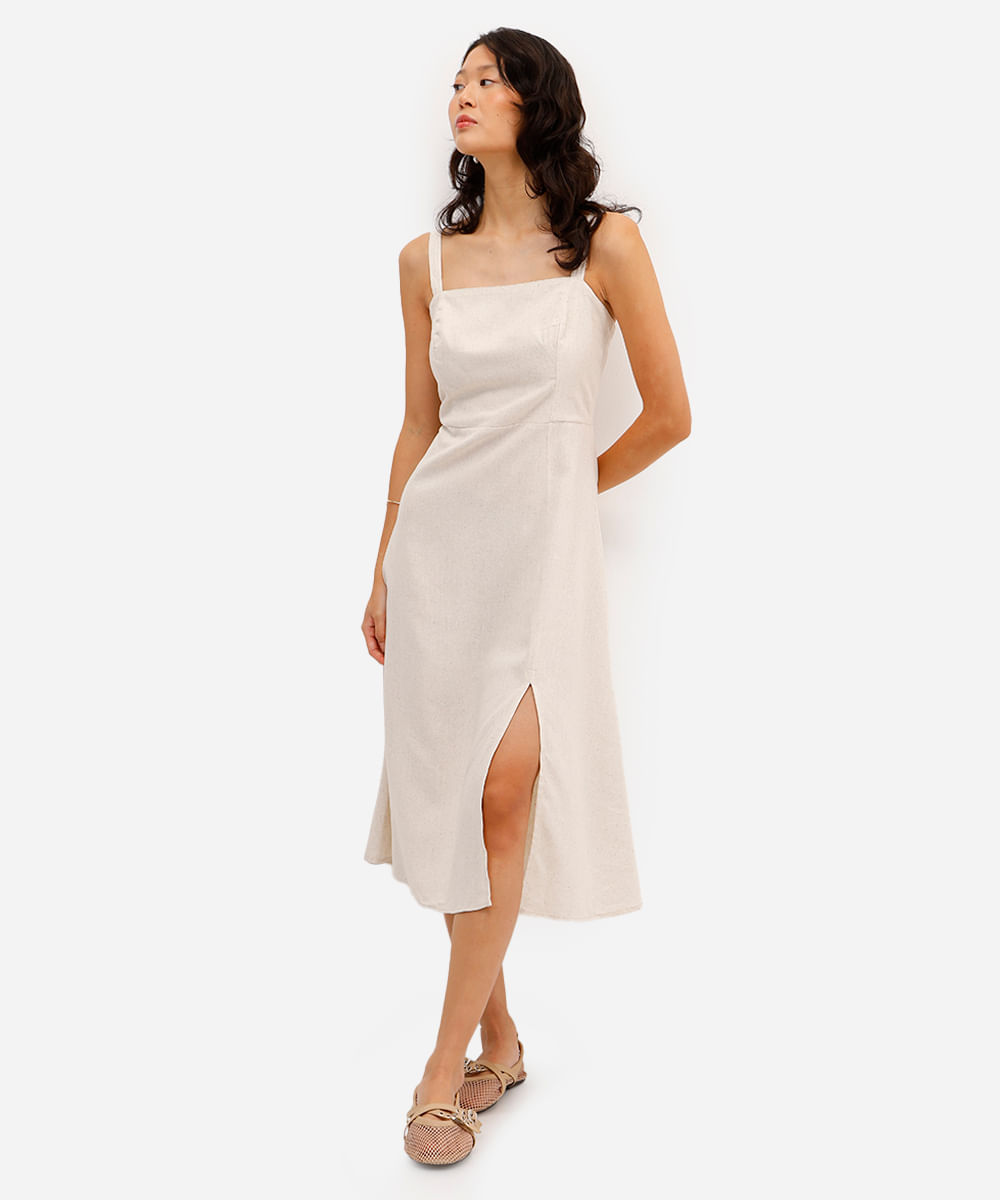 vestido midi feminino com linho decote quadrado bege