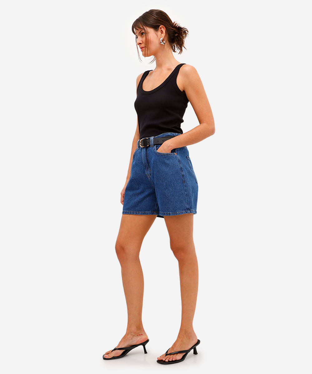 short evasê feminino jeans cintura alta azul