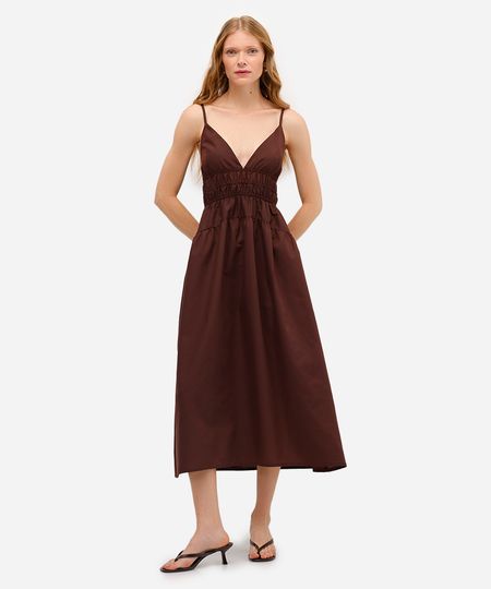 vestido midi feminino alça fina franzido marrom M