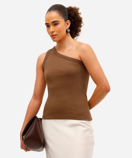 blusa ombro único feminina canelada marrom PP blusa ombro único feminina canelada marrom PP
