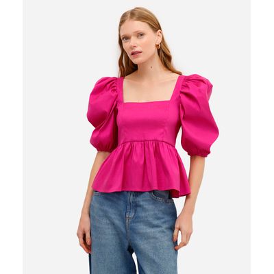 blusa peplum feminina manga bufante rosa
