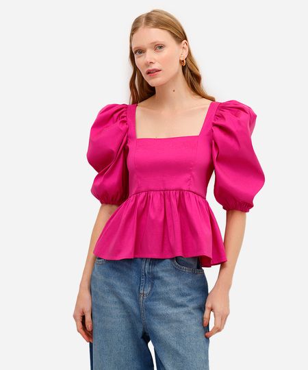 blusa peplum feminina manga bufante rosa M blusa peplum feminina manga bufante rosa M