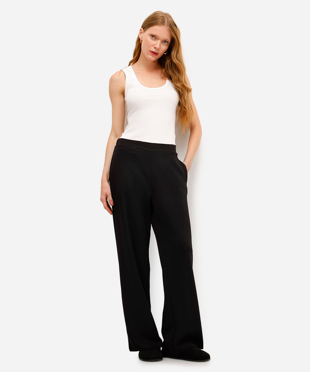 calça reta básica feminina cós elástico preta