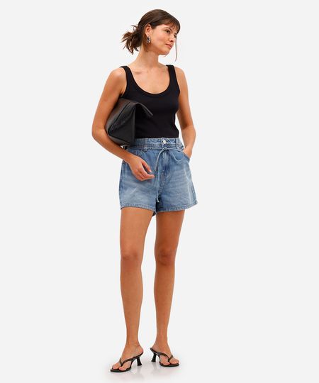 short mom feminino jeans com cinto cordão azul 44 short mom feminino jeans com cinto cordão azul 44