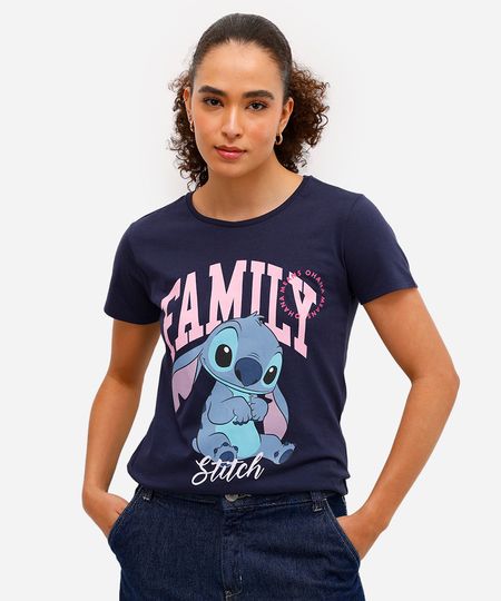 camiseta feminina de algodão stitch manga curta azul P camiseta feminina de algodão stitch manga curta azul P