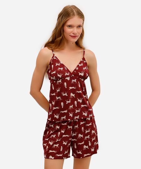pijama short doll feminino animal print vinho G