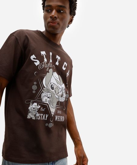 camiseta relaxed masculina de algodão manga curta stitch marrom M camiseta relaxed masculina de algodão manga curta stitch marrom M