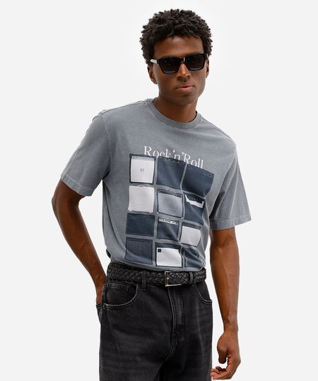 camiseta comfort masculina de algodão rock n roll cinza G
