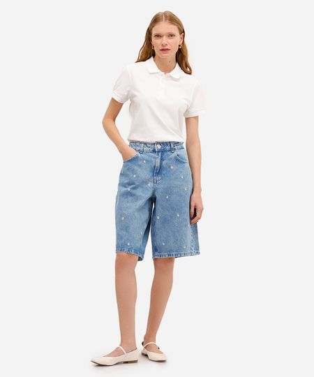 bermuda jorts feminina jeans com bordado floral azul 34