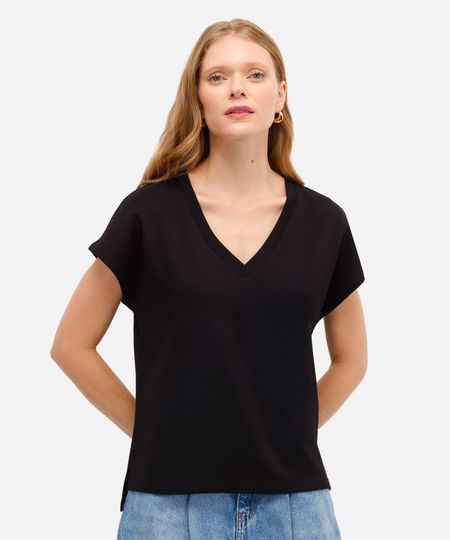 blusa básica feminina decote v manga curta preta P