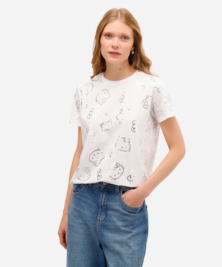 camiseta feminina de algodão hello kitty metalizada off white M camiseta feminina de algodão hello kitty metalizada off white M